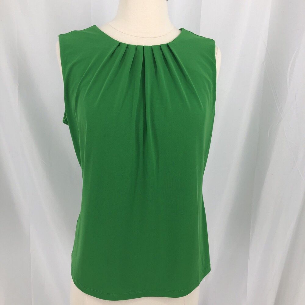 Calvin Klein Womens Sleeveless Green Blouse Pleated Neckline Medium